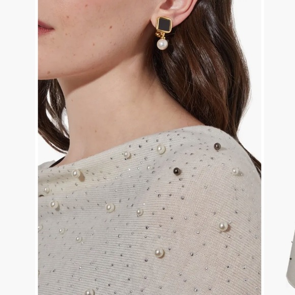 Ming Wang Faux Pearl Embellished Cashmere Wool Blend Boat Neck Poncho - Picture 2 of 13